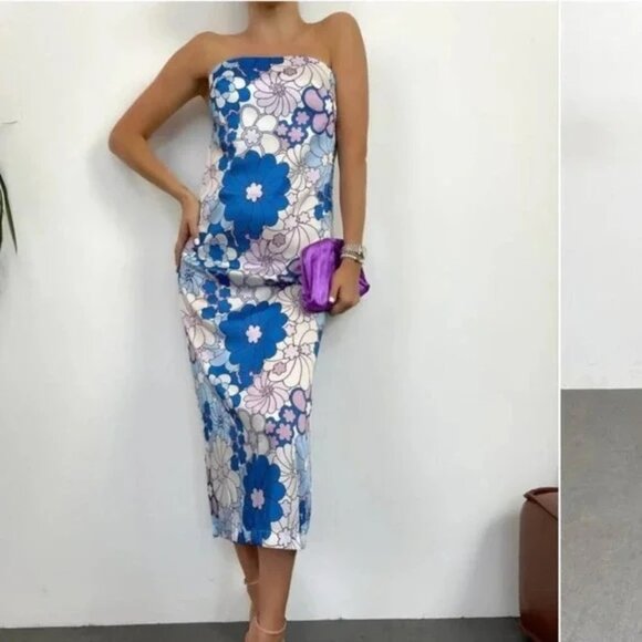 Zara Dresses & Skirts - NEW Zara Retro Mod Floral Satin Effect Strapless Midi Dress Sz L